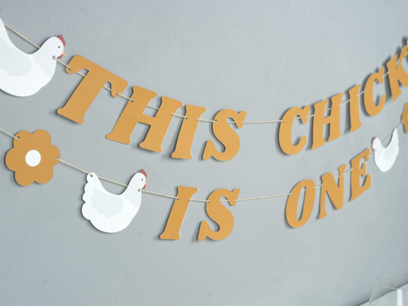 This Chick is One Garland Pick your colors- Chicken Themed First Birthday or Baby Shower Birthday Party Decor  BW61612